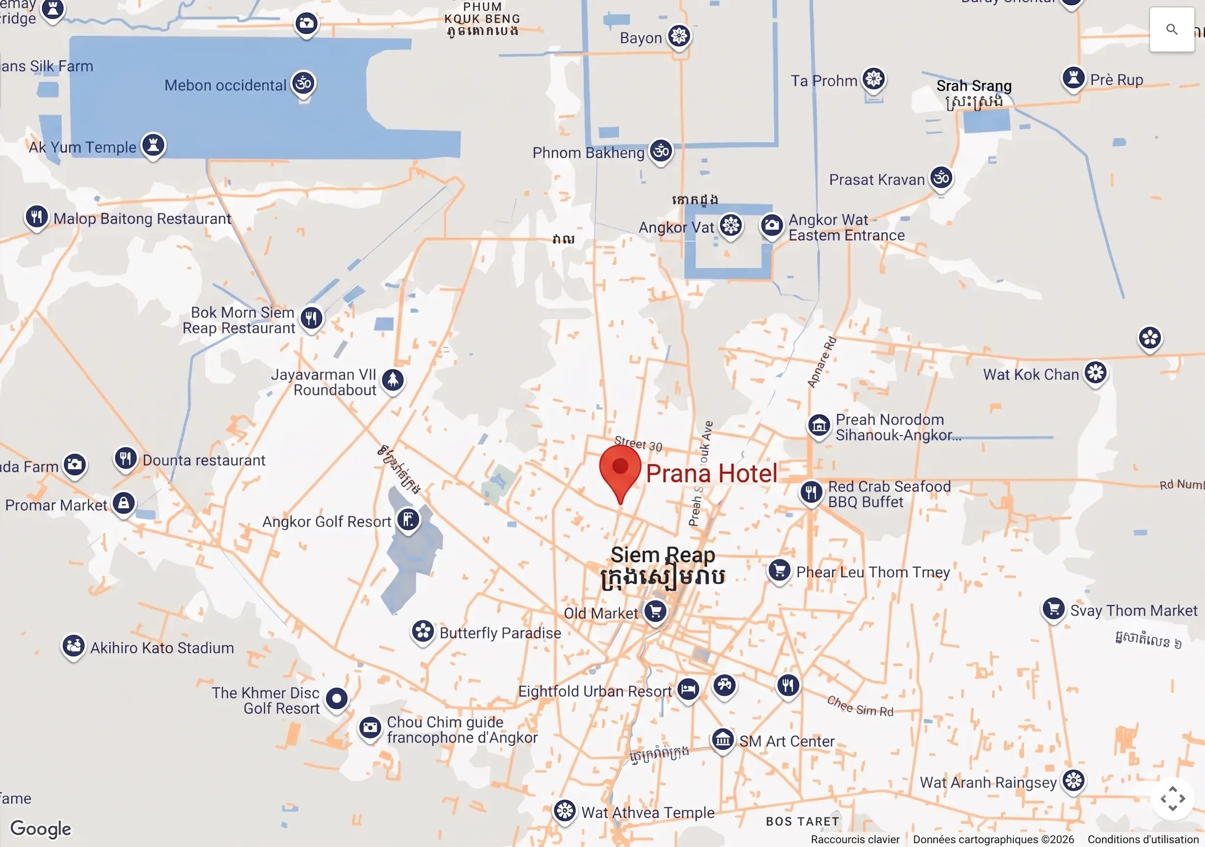 Location map of Prana Hotel in Siem Reap, between the town centre and the temples of Angkor