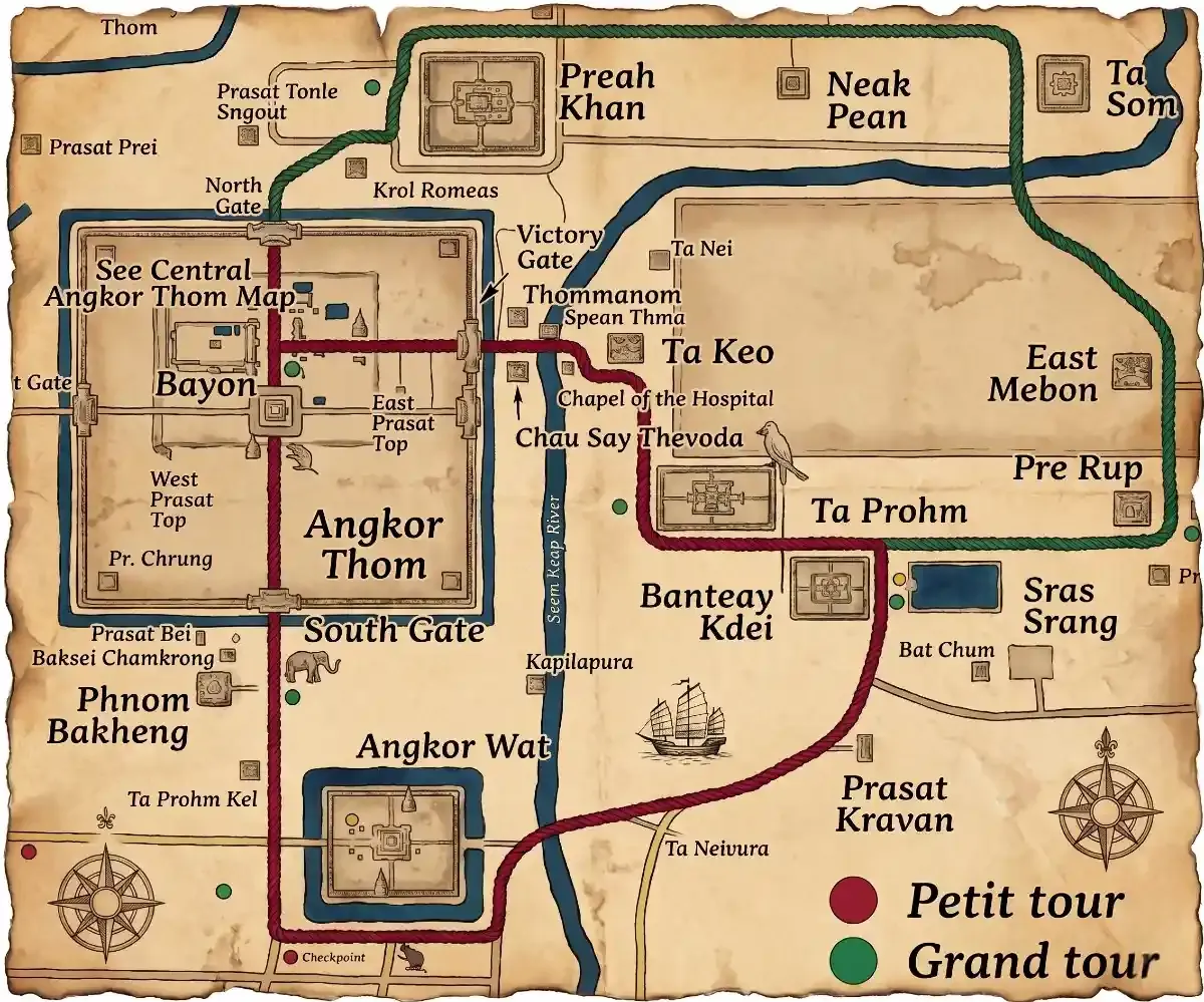 Map of the Angkor loops: small tour and grand tour