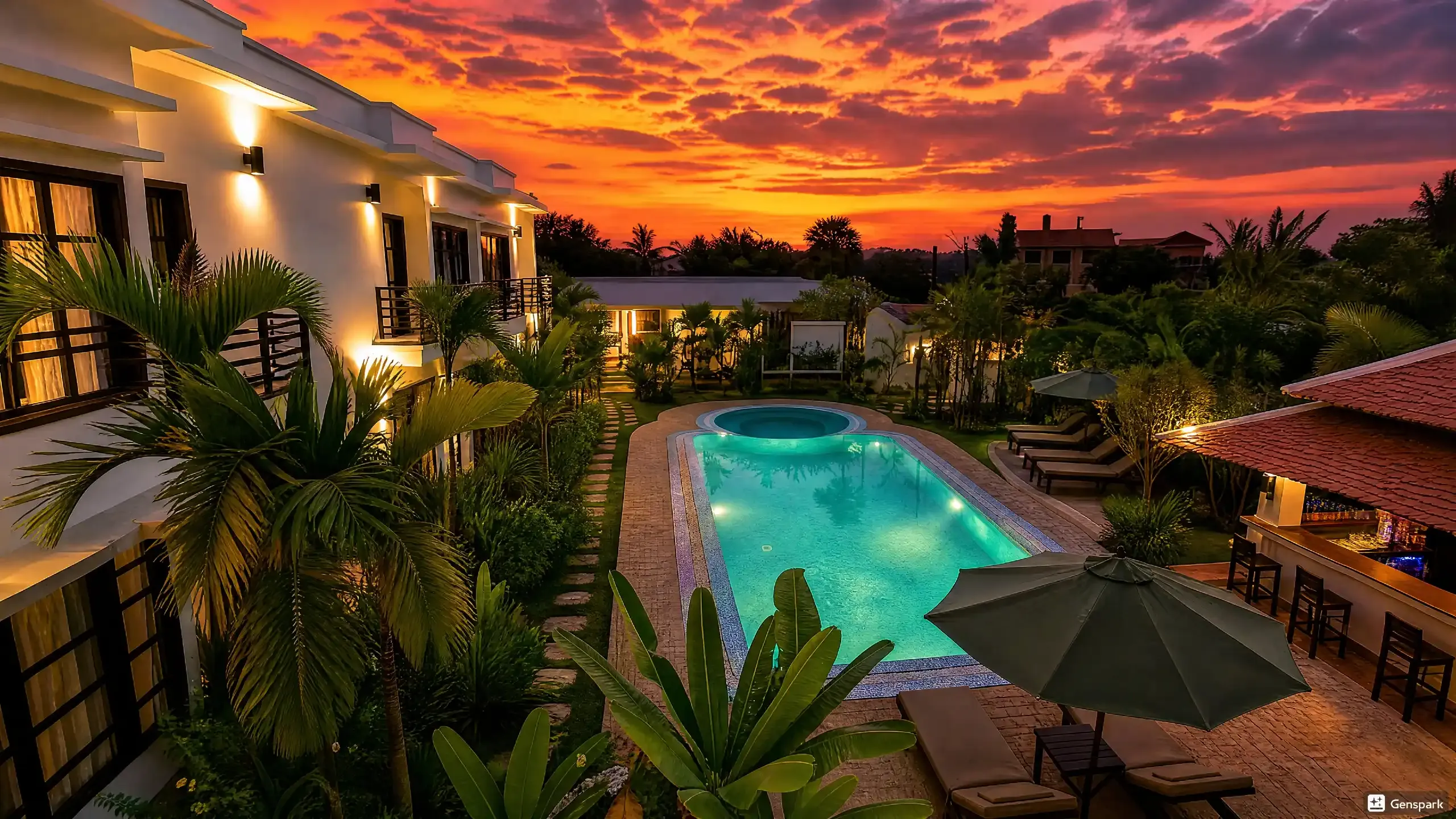 Prana Hotel pool at sunset, tropical garden in Siem Reap
