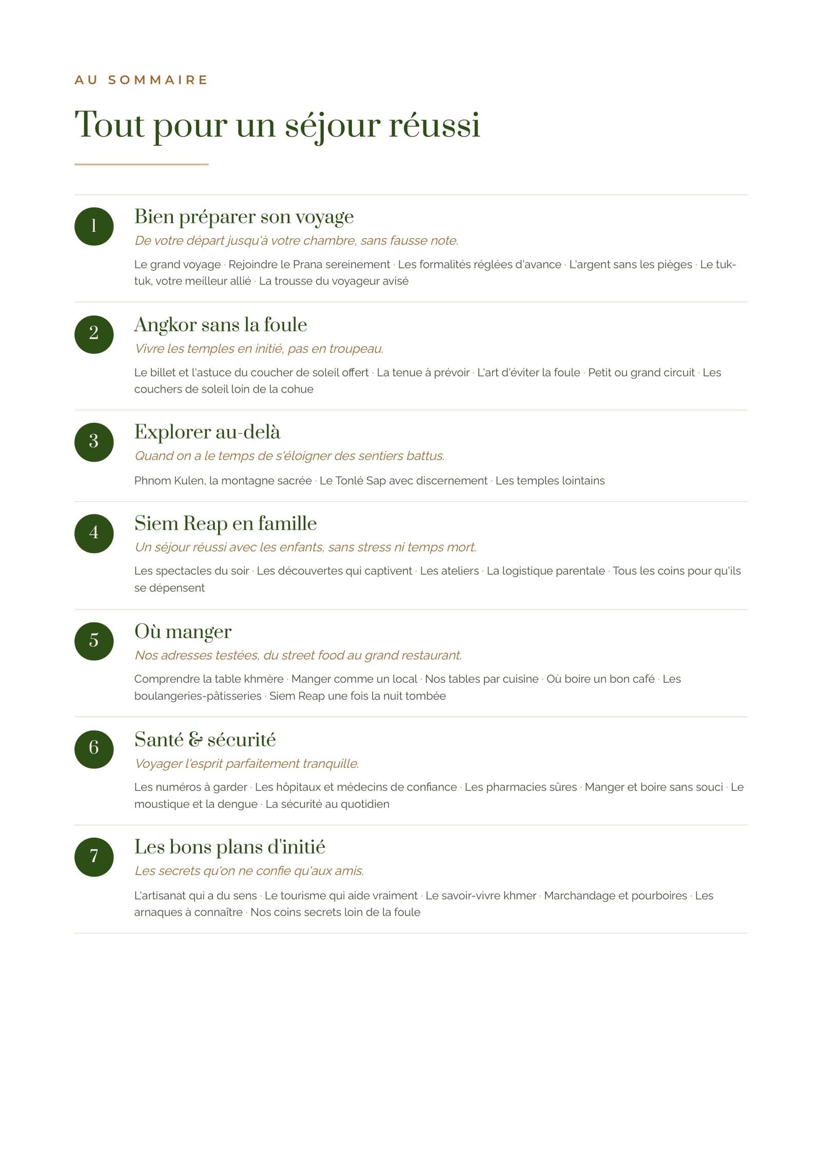 Le sommaire du guide — les sept thèmes d'un séjour réussi
