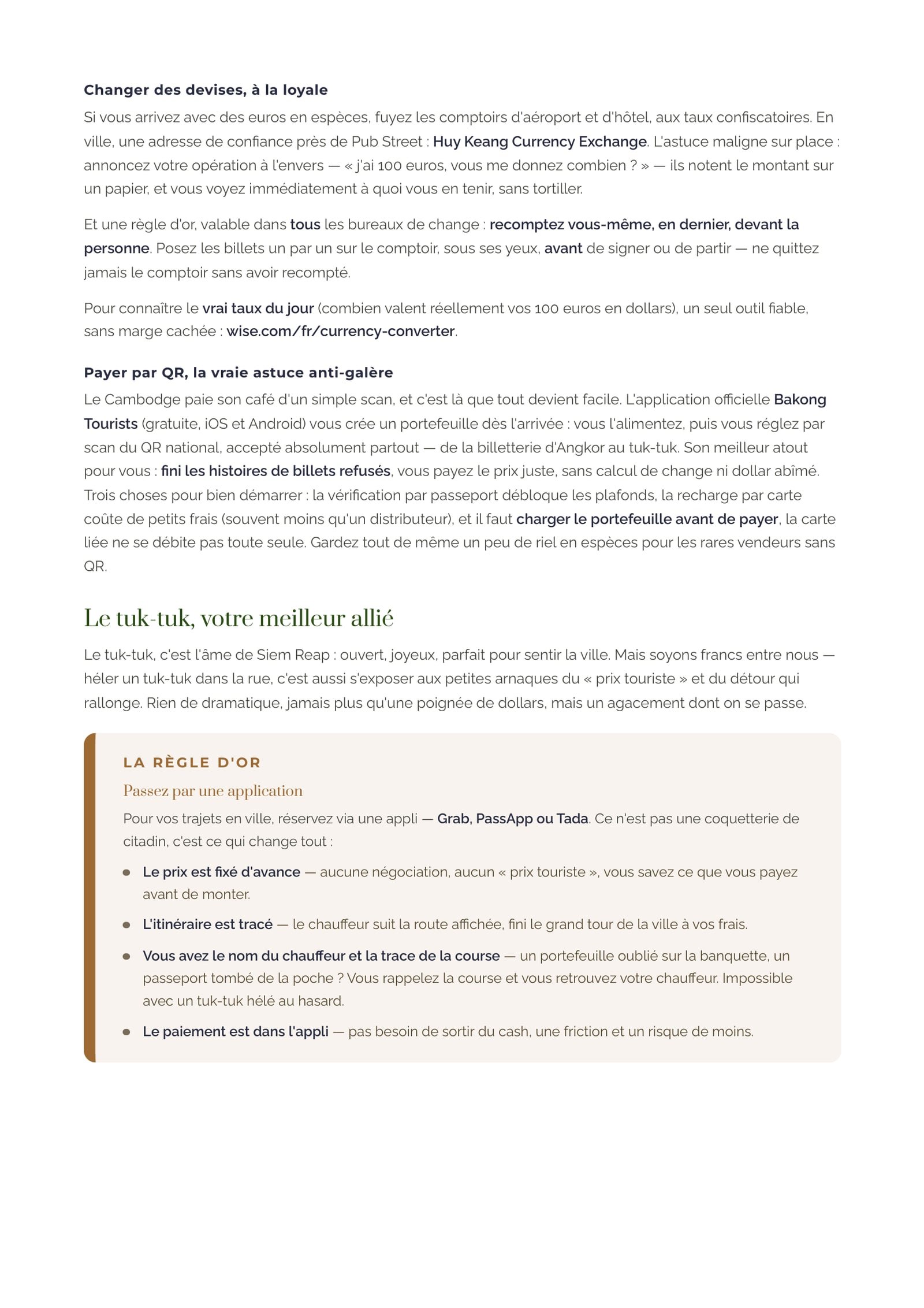 Une page pratique du guide — l'argent et les bons réflexes à Siem Reap