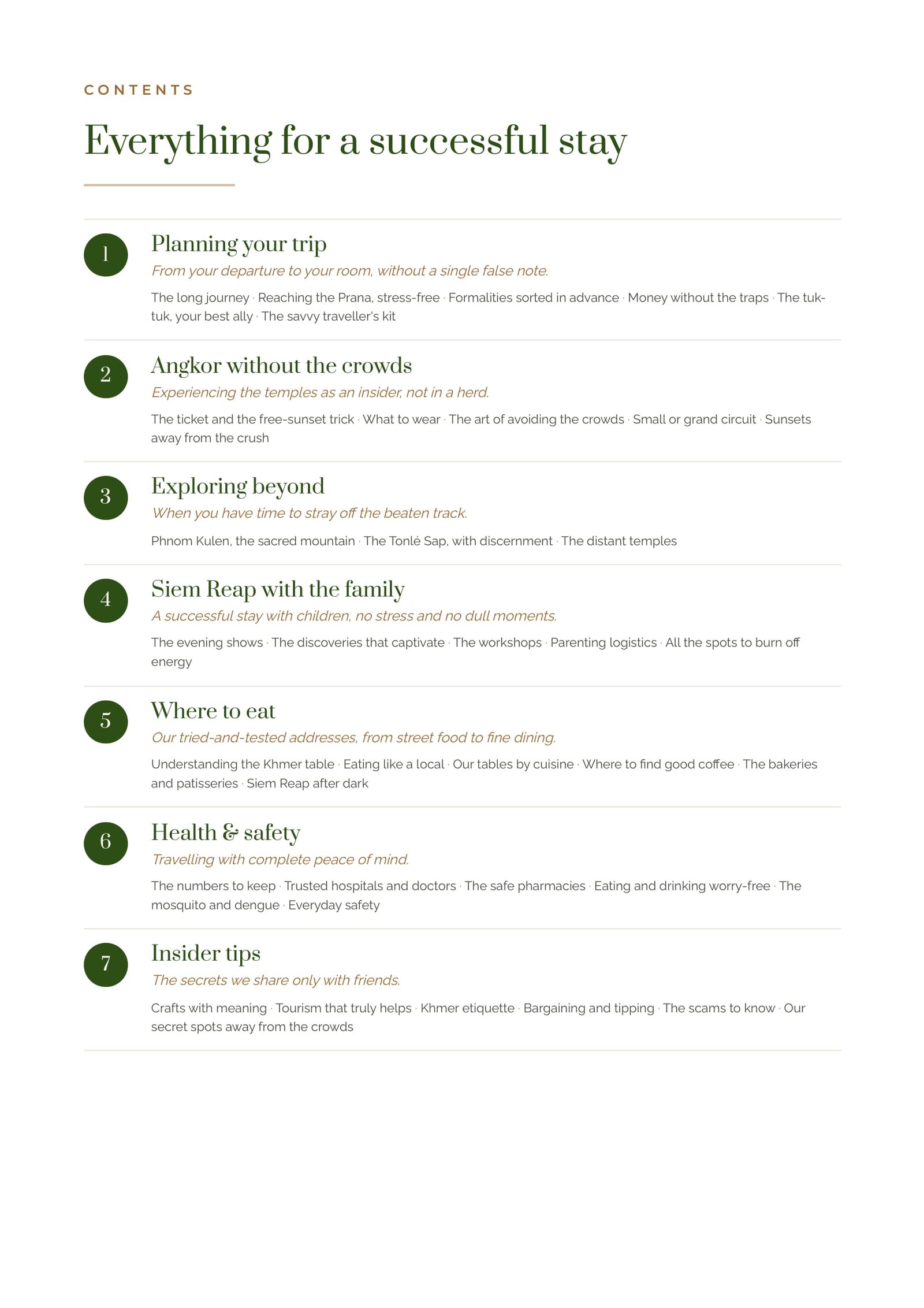 The guide's contents — the seven themes of a successful stay