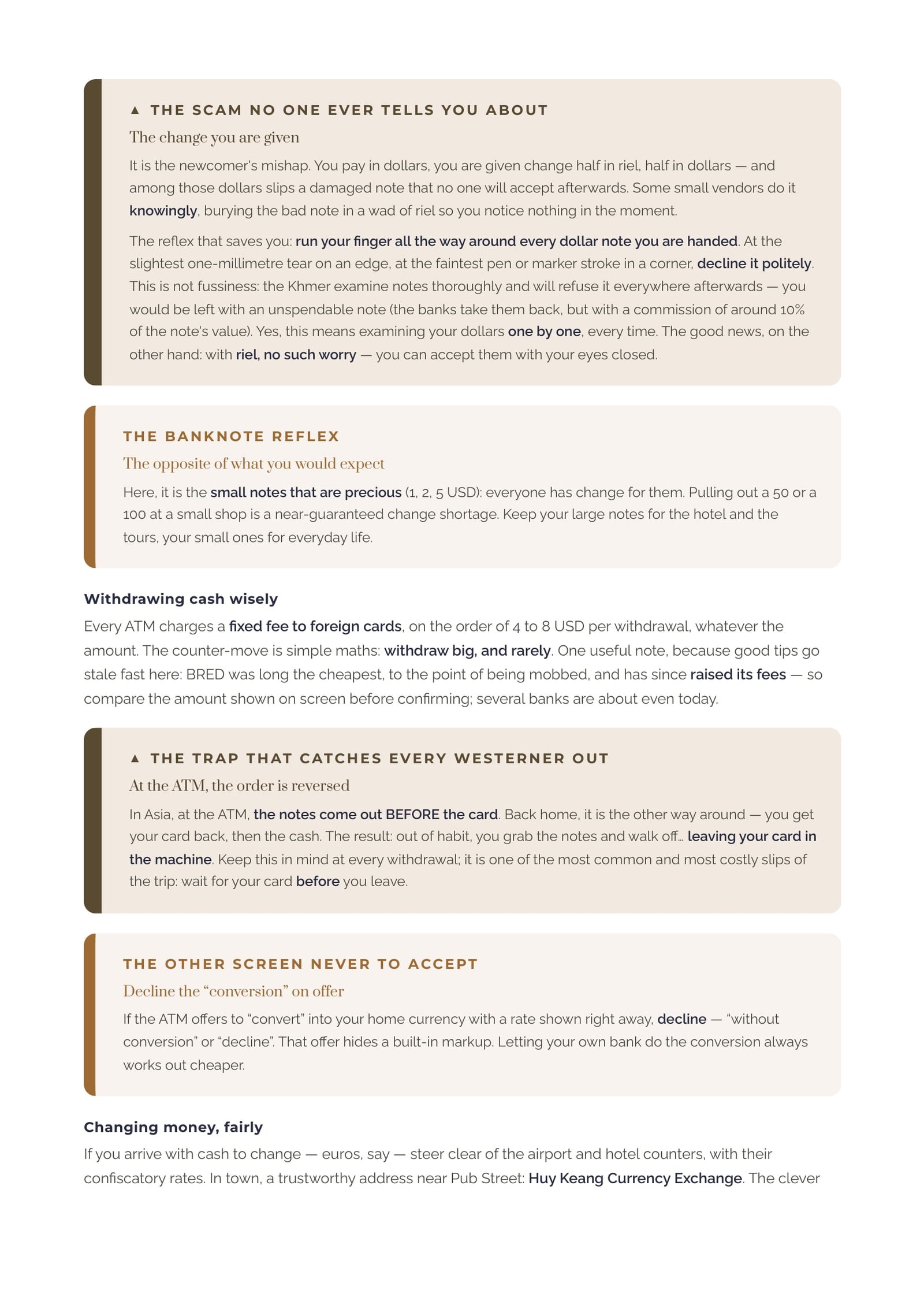 A practical page of the guide — money and the right reflexes in Siem Reap