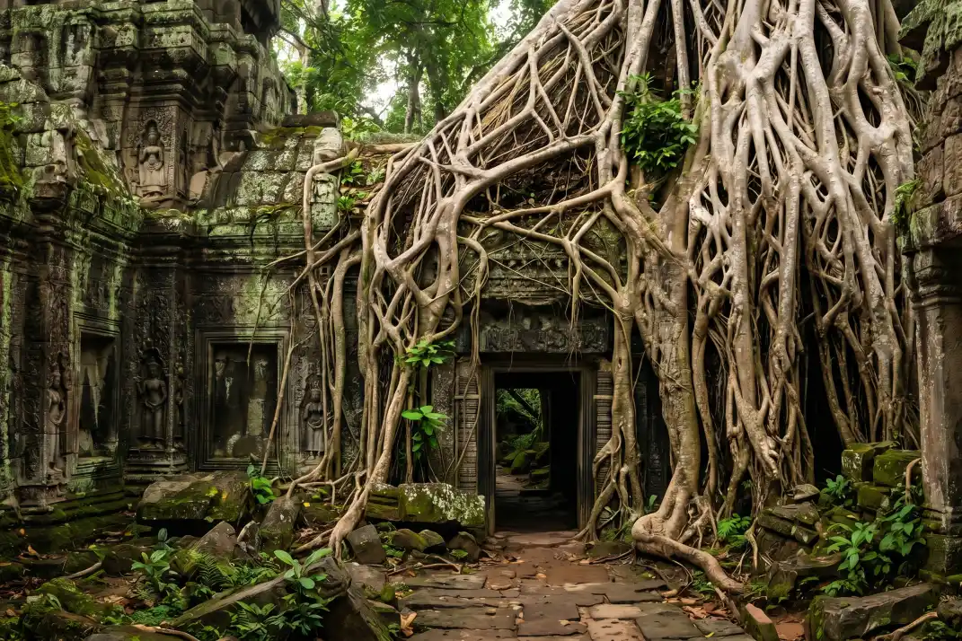 Ta Prohm and its giant trees wrapped around the ruins